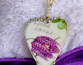 Necklace, Broken China Jewelry, Broken China Necklace, Heart Pendant, Purple Wood Sorrel, , Wildflower China, Sterling Silver Chain