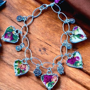 Bracelet, Broken China Jewelry, Broken China Bracelet, Old Country Rose, SS Chain, Soldered Jewelry, Charm Bracelet, Handcrafted SS Charms