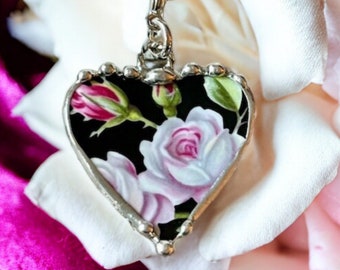 Necklace, Broken China Jewelry, Broken China Necklace, Heart Pendant, Black and Pink Roses, Black Chintz, Sterling Silver, Soldered Jewelry