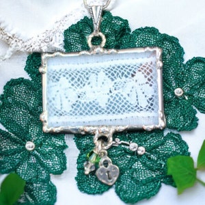 Lace Necklace, Lace Jewelry, Soldered Pendants, Ivory, Shamrock Sterling Silver, Lock Charm image 5