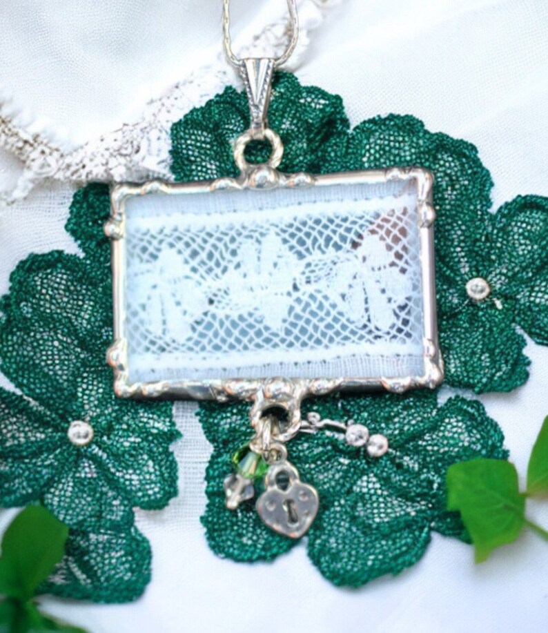 Lace Necklace, Lace Jewelry, Soldered Pendants, Ivory, Shamrock Sterling Silver, Lock Charm image 5