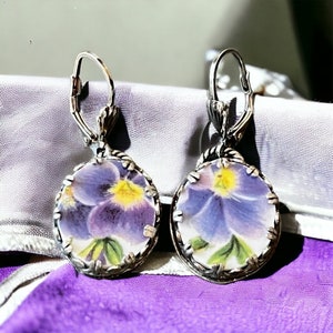 Earrings, Broken China Jewelry, Broken China Earrings, Oval Purple Pansy Chintz, All Sterling Silver Earrings, Sterling Silver Bezel Set