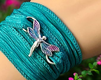 Bracciale avvolgente, Bracciale yoga, Bracciale avvolgente con nastro di seta, Bracciale avvolgente Boho, Gioielli girasole, Argento sterling, Bracciale girasole