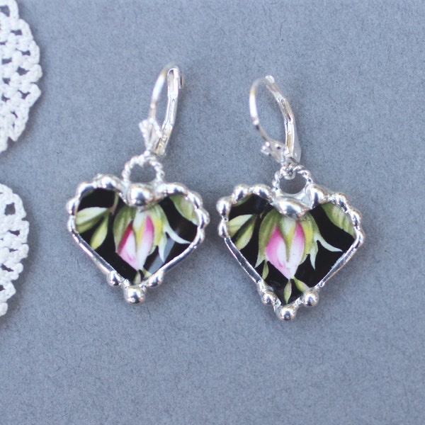Ohrringe, defekte China Schmuck, Ohrringe China, China-Herzen, Pink und schwarz, defekte baumeln Ohrringe, Sterling Remasuri, gelöteten Schmuck