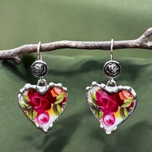 Broken China Jewelry, Broken China Earrings, Heart, Old Country Rose China, Dangle Earring, Soldered Jewelry, Handmade Silver Ear Wires