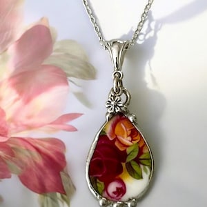 Necklace, Broken China Jewelry, Broken China Necklace, Teardrop Pendant, Old Country Rose China, Flower Charm, Soldered Jewelry