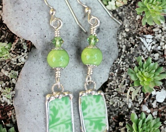 Earrings, Broken China Jewelry, Broken China Earrings, Green Leaf, Lime Green, Sterling Silver, Soldered Jewelry