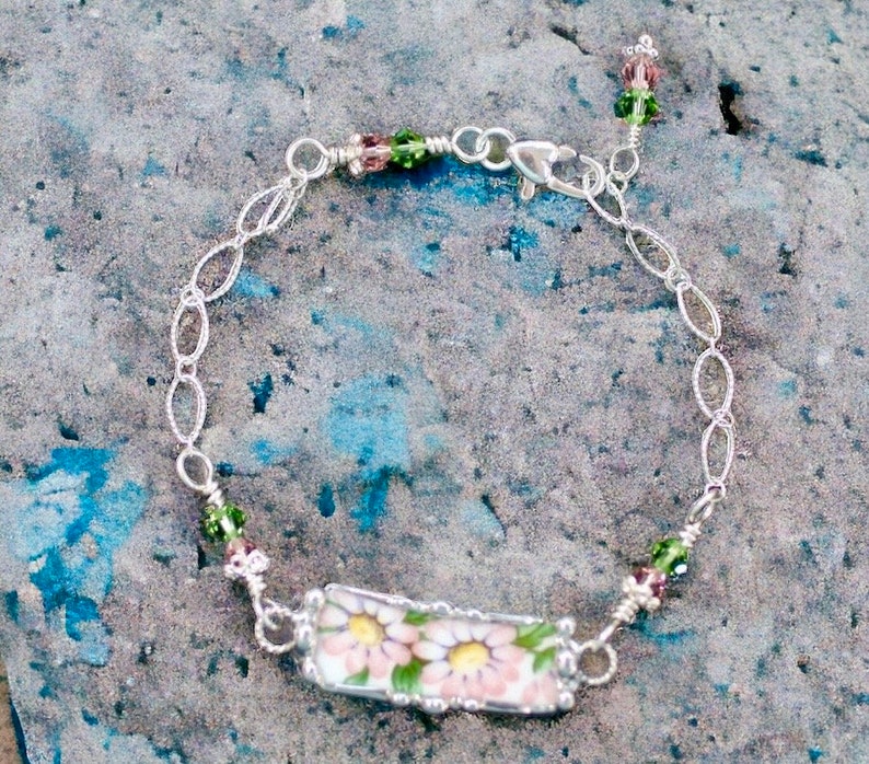 Broken China Bracelet, Broken China Jewelry, Peachy Pink Flowers, Sterling Silver Chain, Soldered Jewelry image 6