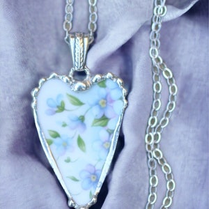 Necklace, Broken China Jewelry, Broken China Necklace, Heart Pendant, Blue and Lavender Floral China, Sterling Silver Chain image 4