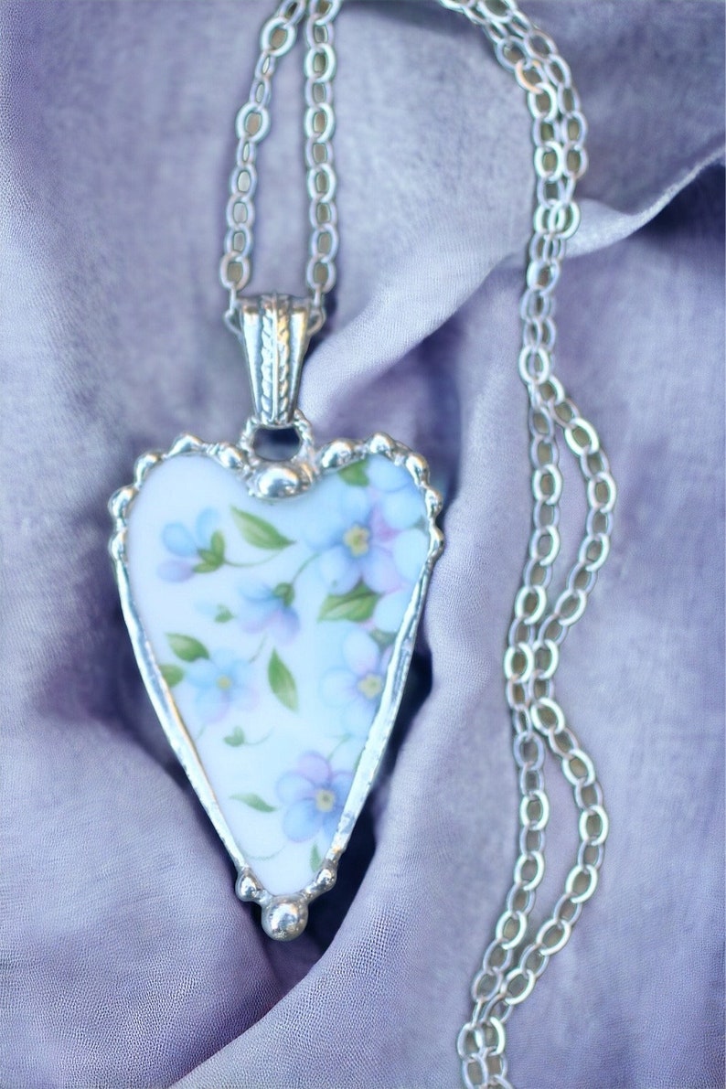 Necklace, Broken China Jewelry, Broken China Necklace, Heart Pendant, Blue and Lavender Floral China, Sterling Silver Chain image 4