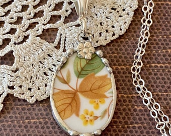 Necklace, Broken China Jewelry, Broken China Necklace, Oval Pendant, Fall Leaves China, Sterling Silver, Soldered Jewelry