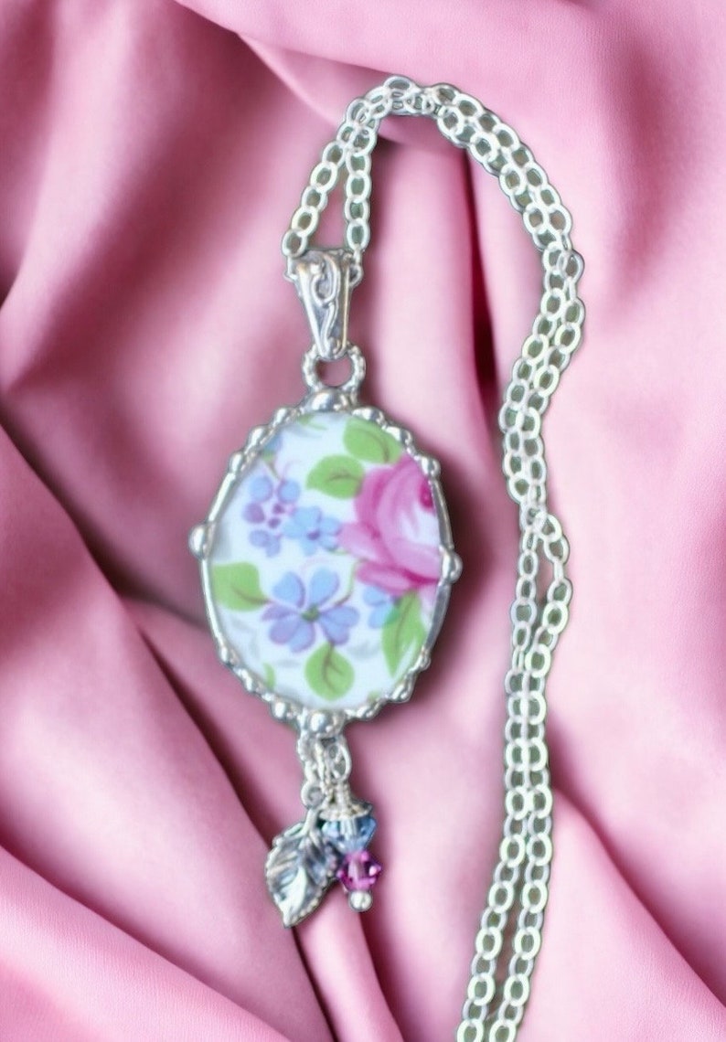 Necklace, Broken China Jewelry, Broken China Necklace, Pink Rose and Lavender, Oval Pendant, Sterling Silver, Soldered Jewelry image 5