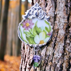 Broken China Jewelry, Brooch Pin, Purple and Green Floral Chintz image 6
