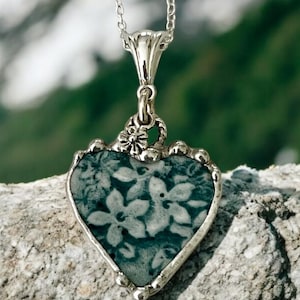 Necklace, Broken China Jewelry, Heart Pendant, Broken China Heart, Teal Transferware China, Sterling Silver Findings, Soldered Jewelry