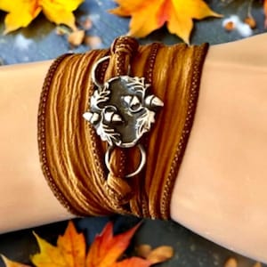Wrap Bracelet, Yoga Bracelet, Silk Ribbon Wrap Bracelet, Boho Wrap Bracelet, Fall Jewelry, Fine Silver, Fall Leaves, Acorns