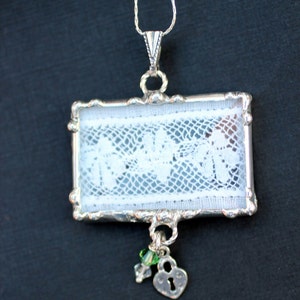 Lace Necklace, Lace Jewelry, Soldered Pendants, Ivory, Shamrock Sterling Silver, Lock Charm image 8