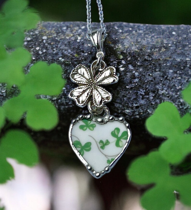 Pendant, Heart Pendant, Shamrock China, St Patricks Pendant, Four Leaf Clover, Sterling Silver, Soldered Jewelry, Heart Jewelry, Green image 7