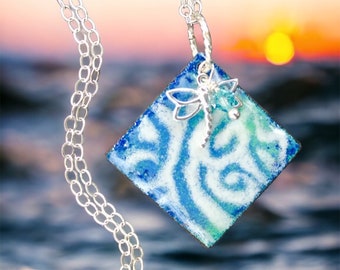 Enamel Necklace, Square Pendant, Blue and Green, Sterling Silver Dragonfly Charm, Boho Jewelry