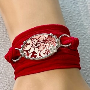 Broken China Bracelet, Broken China Jewelry, Red Transferware, Silk Ribbon Wrap Bracelet, Boho Wrap Bracelet, Yoga Bracelet Soldered Jewelry image 4