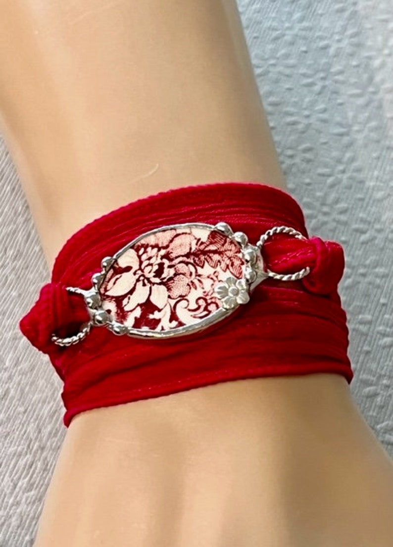 Broken China Bracelet, Broken China Jewelry, Red Transferware, Silk Ribbon Wrap Bracelet, Boho Wrap Bracelet, Yoga Bracelet Soldered Jewelry image 4