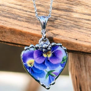 Necklace, Broken China Jewelry, Heart Pendant, Broken China Heart, Purple Pansy Chintz China, Sterling Silver Findings, Soldered Jewelry