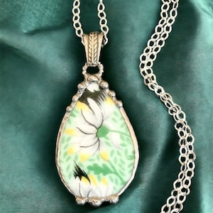 Necklace, Broken China Jewelry, Broken China Necklace, Teardrop Pendant, Green Daisy China, Sterling Silver Findings, Soldered Jewelry