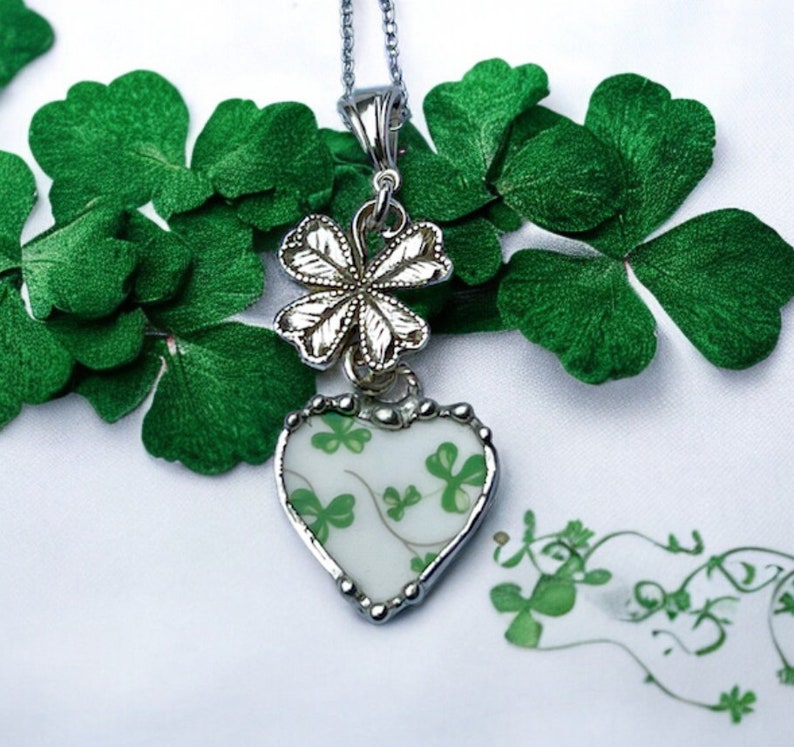 Pendant, Heart Pendant, Shamrock China, St Patricks Pendant, Four Leaf Clover, Sterling Silver, Soldered Jewelry, Heart Jewelry, Green image 5