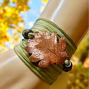 Wrap Bracelet, Yoga Bracelet, Copper Oak Leaf, Ribbon Wrap Bracelet, Boho Wrap Bracelet, Fall Jewelry, Copper Bracelet, Copper Fall Leaves