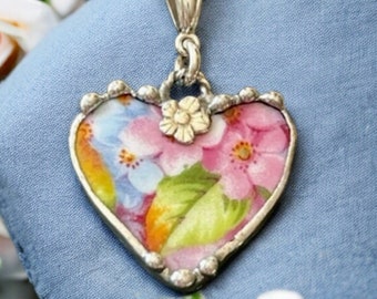 Necklace, Broken China Jewelry, Broken China Necklace, Heart Jewelry, Pink and Blue Floral Chintz, Sterling Silver, Soldered Jewelry