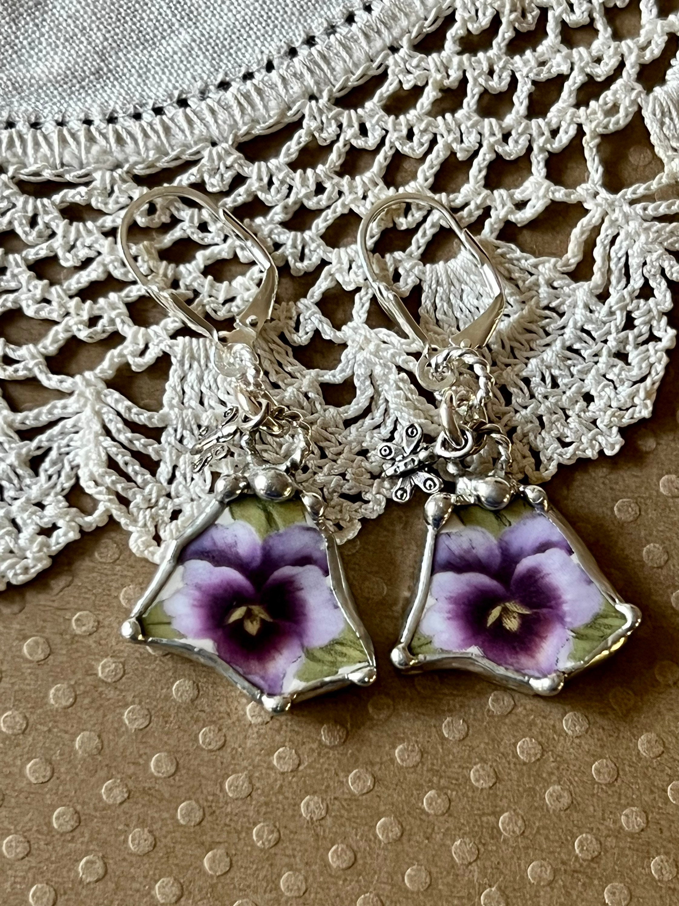 Earrings, Broken China Jewelry, Broken China Earrings, Purple Pansy ...