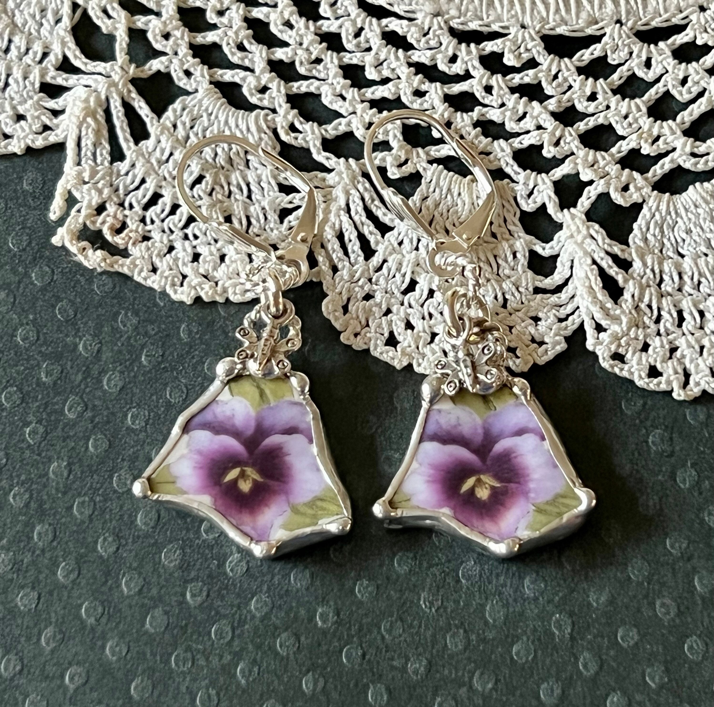 Earrings, Broken China Jewelry, Broken China Earrings, Purple Pansy ...