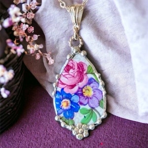 Necklace, Broken China Jewelry, Broken China Necklace, Teardrop Pendant, Floral Chintz China, Sterling Silver Findings, Soldered Jewelry