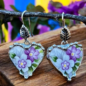 Earrings, Broken China Jewelry, Broken China Earrings, Heart Jewelry, Purple Floral China, Sterling Sliver Lever Backs, Soldered Jewelry