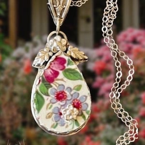 Necklace, Broken China Jewelry, Broken China Necklace, Teardrop Pendant, Pink and Blue Floral Chintz, Sterling Silver, Sterling Silver Bezel
