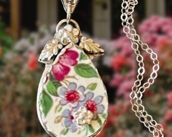 Necklace, Broken China Jewelry, Broken China Necklace, Teardrop Pendant, Pink and Blue Floral Chintz, Sterling Silver, Sterling Silver Bezel