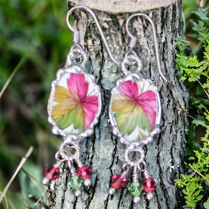 Earrings, Broken China Jewelry, Broken China Earrings, Pink and Green Leaf China, Sterling Silver Ear Wires, Soldered Jewelry