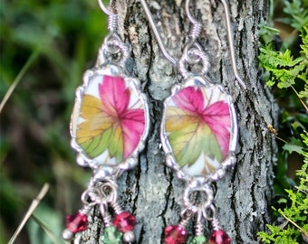 Earrings, Broken China Jewelry, Broken China Earrings, Pink and Green Leaf China, Sterling Silver Earrings, Soldered Jewelry