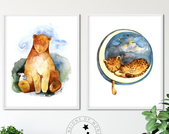 Animal Art Nursery Print Download, Printable Art, Original Watercolor Kids Art, Watercolor Animal Nursery Print Set of 2, Digital Art