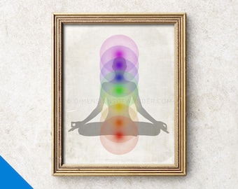 May include: A framed print of a person meditating with seven colorful chakras, or energy centers, represented by overlapping circles. The chakras are red, orange, yellow, green, blue, indigo, and violet. The print has a vintage, distressed look.