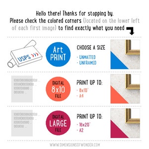 May include: A graphic showing different options for purchasing art prints. The options include unframed and unmatted prints, digital files in 8x10 and large sizes, and print sizes up to 8x10 inches and 16x20 inches.