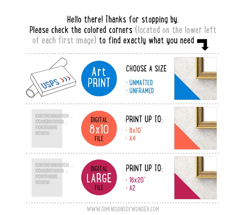 May include: A graphic showing different options for purchasing art prints. The options include unframed and unmatted prints, digital files in 8x10 and large sizes, and print sizes up to 8x10 inches and 16x20 inches.