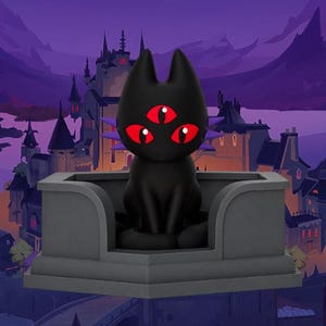 Könnte beinhalten: Eine schwarze Katzenfigur mit drei roten Augen, die auf einer grauen rechteckigen Plattform sitzt. Die Katze hat spitze Ohren und eine glatte, matte Oberfläche. Die Plattform verfügt über ein einfaches, solides Basisdesign.