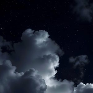 May include: A dramatic night sky scene featuring dark, billowing clouds illuminated by moonlight. The clouds are a mix of deep grays and whites, contrasting with the dark blue background dotted with tiny stars. A serene, atmospheric image.