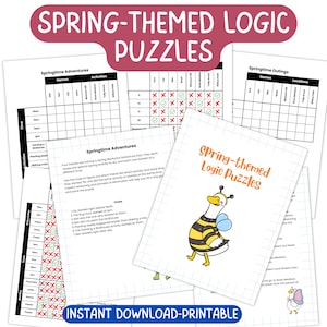 Puede incluir: Un conjunto de rompecabezas de lógica con temática primaveral. La imagen presenta varias páginas con cuadrículas, pistas y una ilustración de una oca vestida de abeja. El texto incluye "Springtime Adventures" y "Instant Download-Printable."