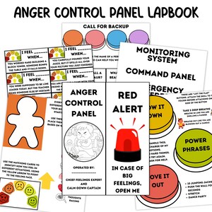 Puede incluir: Un "Anger Control Panel Lapbook" con varias tarjetas y paneles. Incluye tarjetas "Me siento cuando...", un panel de "Alerta Roja" con una sirena roja y una sección de "Frases de poder". El libro está diseñado para ayudar a manejar los sentimientos fuertes.