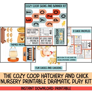 Puede incluir: Un kit imprimible para un juego dramático Cozy Coop Hatchery y Chick Nursery. Incluye letreros, pancartas, accesorios temáticos, perfiles de pollitos y una guía para el aprendizaje socioemocional. Presenta ilustraciones de pollitos, huevos y una gallina.