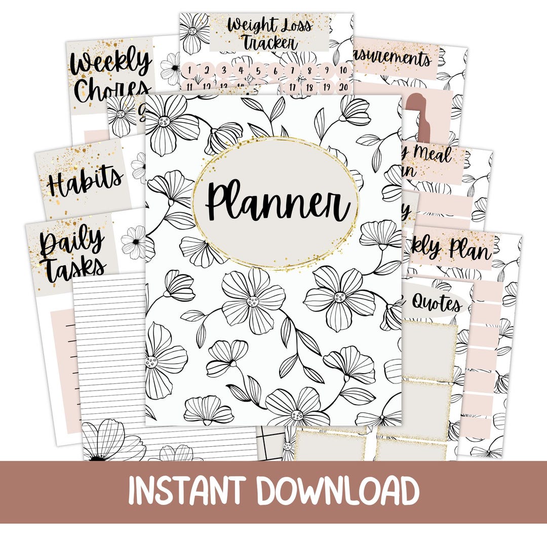 Black and White Floral Undated Planner Printable Bundle, Gold Daily ...
