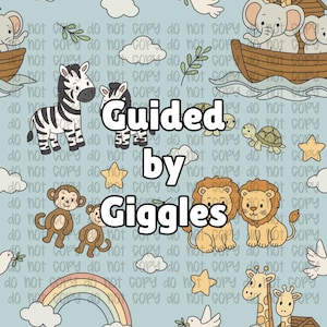 May include: A light blue background with a repeating pattern of cartoon animals, including zebras, lions, monkeys, and giraffes. The text "Guided by Giggles" is overlaid on the design. Other elements include clouds, stars, and a rainbow.