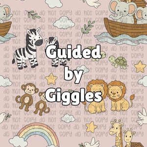 May include: A repeating pattern featuring cartoon animals, including zebras, lions, monkeys, and giraffes, with the text "Guided by Giggles." The design includes a rainbow, clouds, stars, and a turtle, all on a pink background.