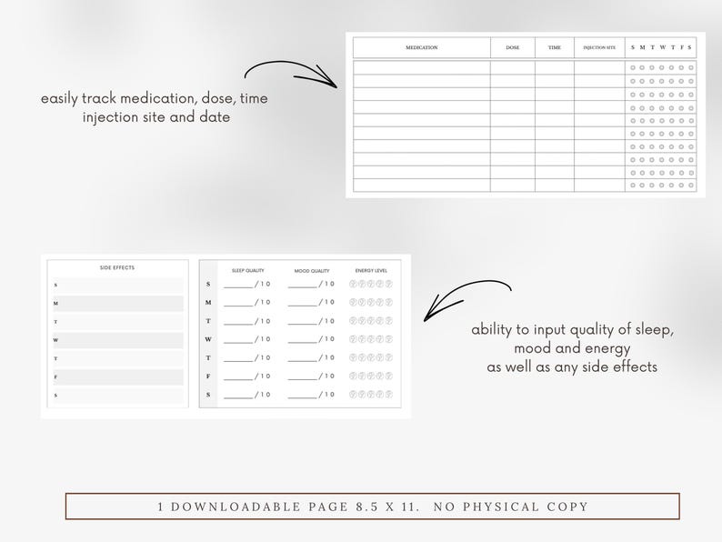 Gray Peptide Tracker Printable | Weekly Medication Log, GLP-1 Wellness ...